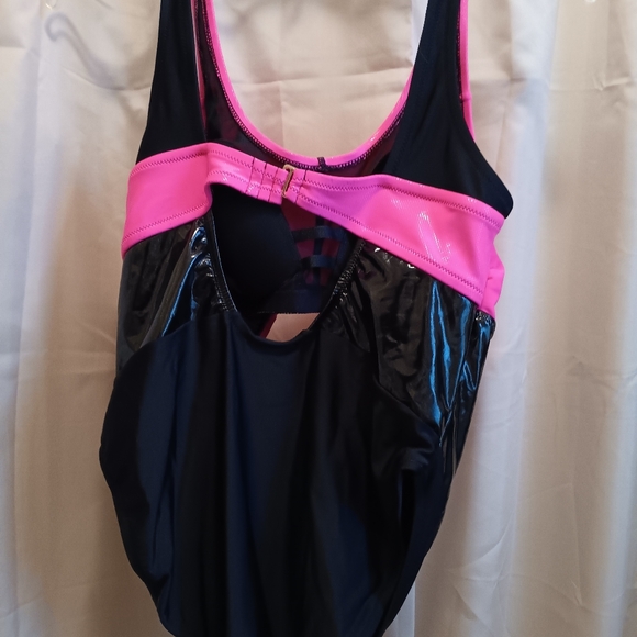 Pink and Black Pleather Cutout Swimsuit - Picture 4 of 6